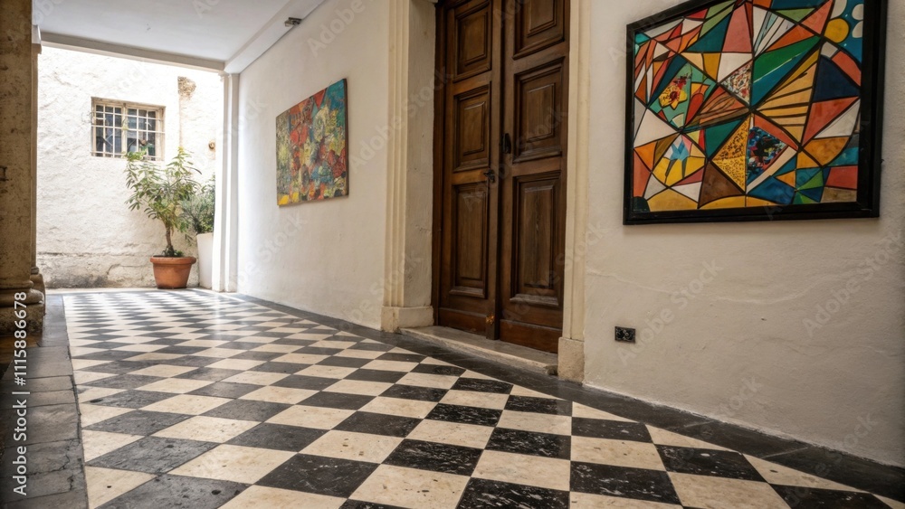 Poster A checkerboard pattern of dark and light tiles fills the entryway paired with a vibrant abstract art piece hung nearby for a pop of color.