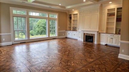 A charming room unfolding its potential with a recently installed subfloor the rich texture and color waiting to be adorned with area rugs and furniture.