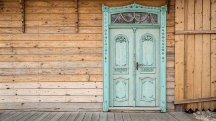 Fototapeta premium A charmingly restored door painted in a soft pastel color leans against a rustic wooden wall adding a whimsical touch to the space.