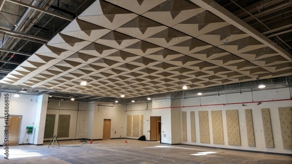 Poster A ceiling viewed from below where patterned acoustic panels are being installed projecting shadows on the walls due to the unfinished nature of the project.