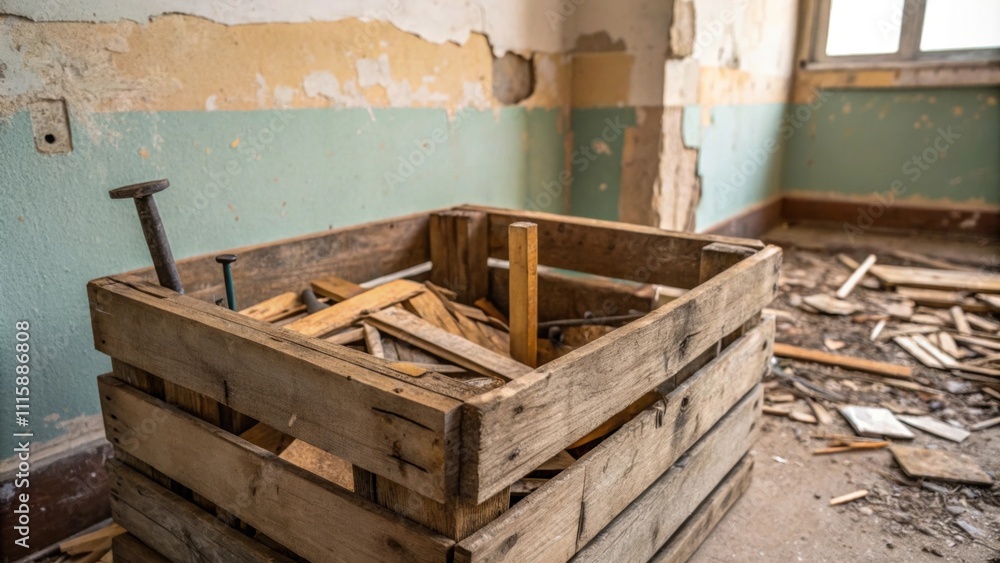 Poster a broken wooden crate filled with assorted timber scraps set against a backdrop of partially painted
