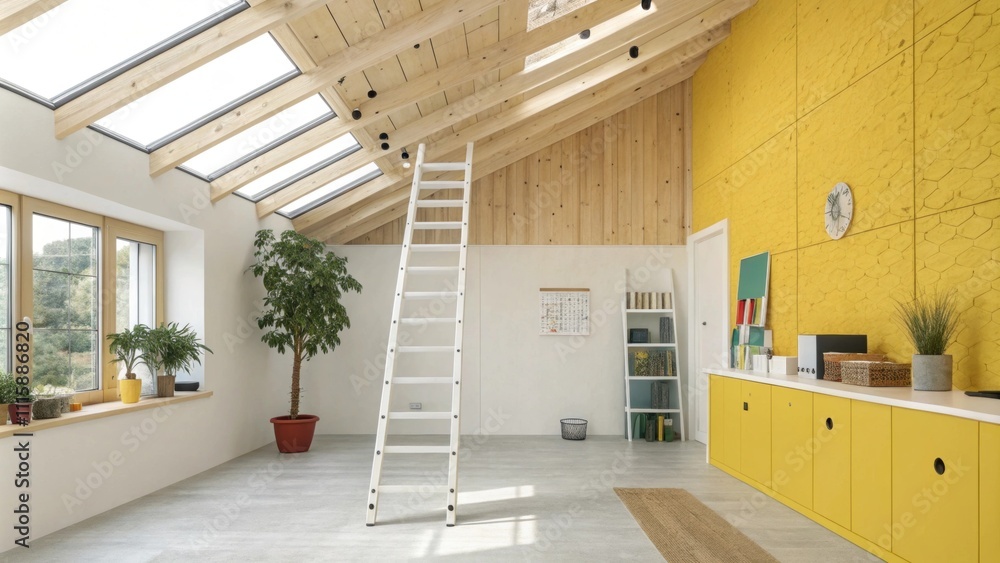 Poster a bright workspace with a glossy white ladder set against a ceiling decked with clean straight timbe