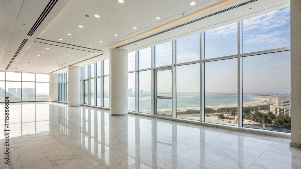 Poster A bright unoccupied room displaying modern oversized windows that allow unobstructed views paired with polished drywall surfaces in soft tones devoid of any decorative elements.