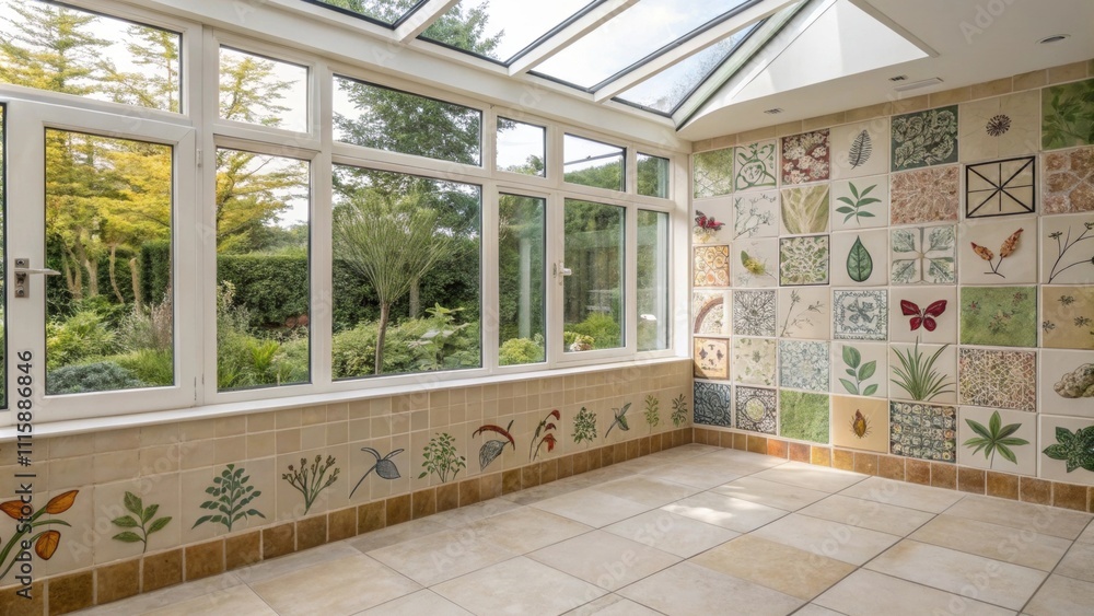 Poster A bright sunroom adorned with a tiled wall of varying sizes reflecting natureinspired colors with some tiles left ungrouted to emphasize the creative renovation process.