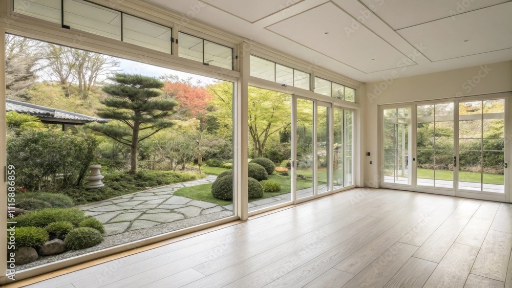 Poster A bright unfurnished room featuring a pair of floortoceiling windows that open up to a charming garden with no furniture to interrupt the minimalistic aesthetic.