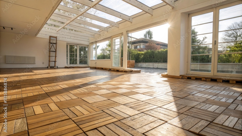 Poster A bright space where wooden flooring tiles are systematically organized on the ground reflecting soft highlights and shadows from the surrounding unfinished surfaces.