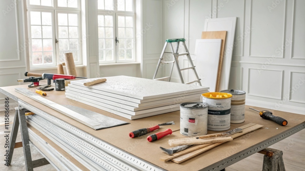 Aufkleber a brightly lit room with a stack of ceiling tiles on a workbench surrounded by tools and paint cans 