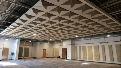 A ceiling viewed from below where patterned acoustic panels are being installed projecting shadows on the walls due to the unfinished nature of the project.