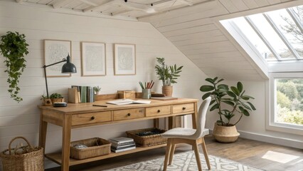 Fototapeta premium A bright workspace featuring a freshly plastered ceiling above a large wooden desk creating an inspiring environment for creativity.