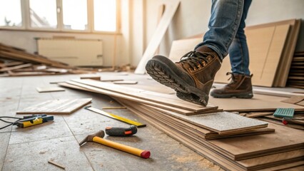 A candid shot of a workers boot stepping over a clutter of laminate pieces emphasizing the magnitude of the renovation project in progress with tools tered in the background.