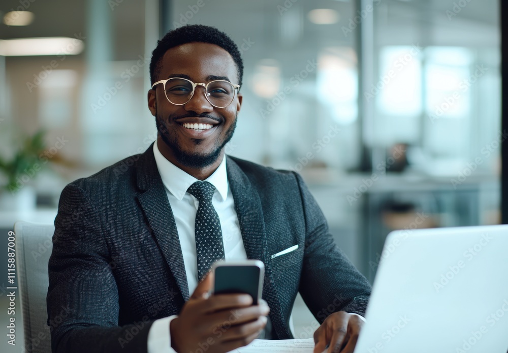 Poster confident business professional smiling while using smartphone in a modern office setting, showcasin