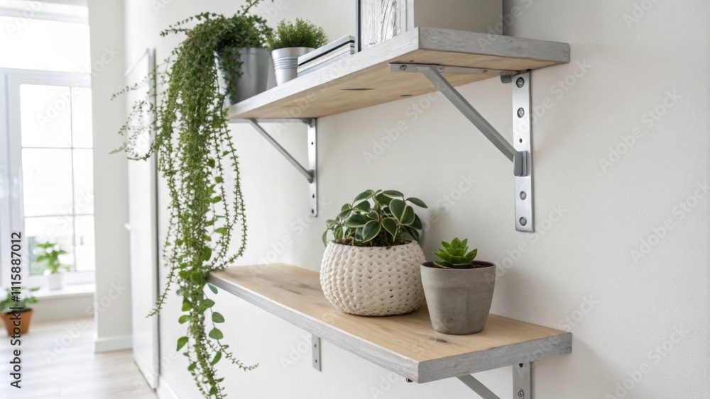 Poster a bright corner with minimalist silver brackets attached only one shelf is mounted holding a single 