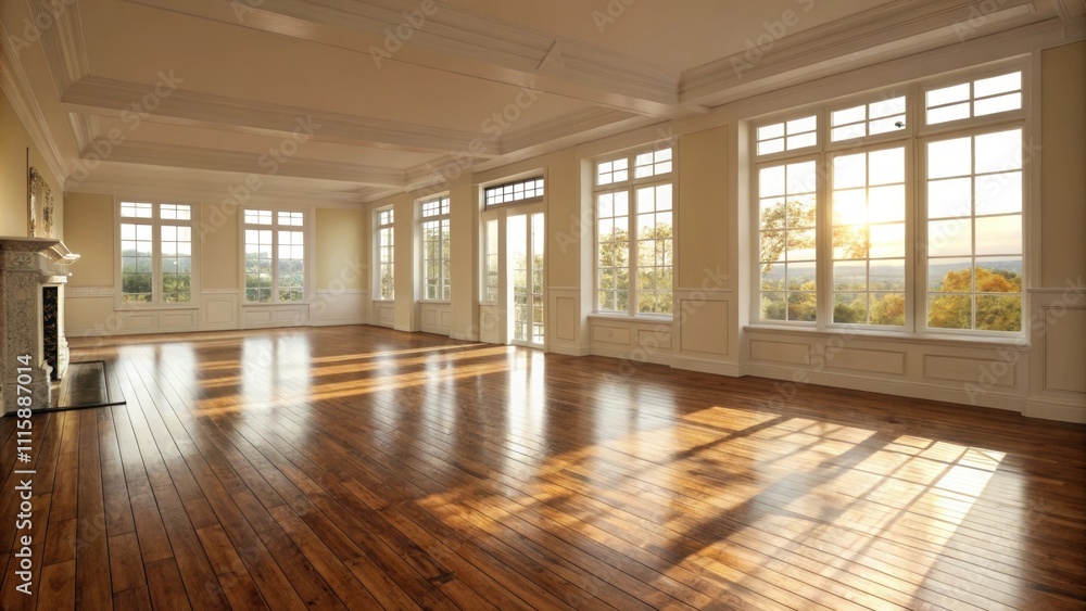 Poster A bright and spacious empty room with polished hardwood flooring that glimmers under the warm glow of sunlight filtering through the windows.