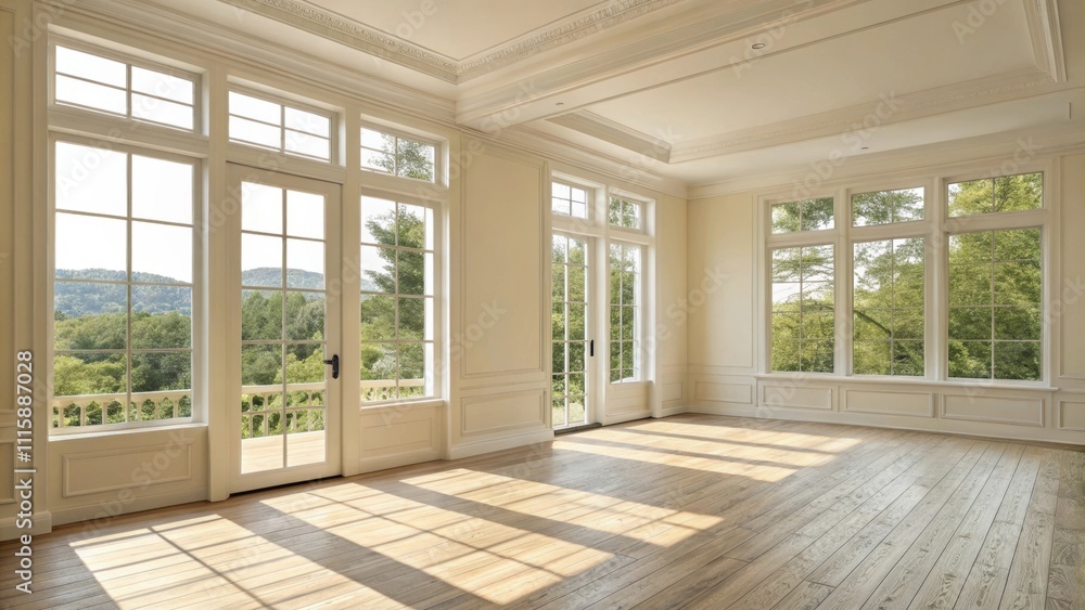 Poster a bright and uncluttered room with floortoceiling windows allowing ample sunlight featuring creamcol