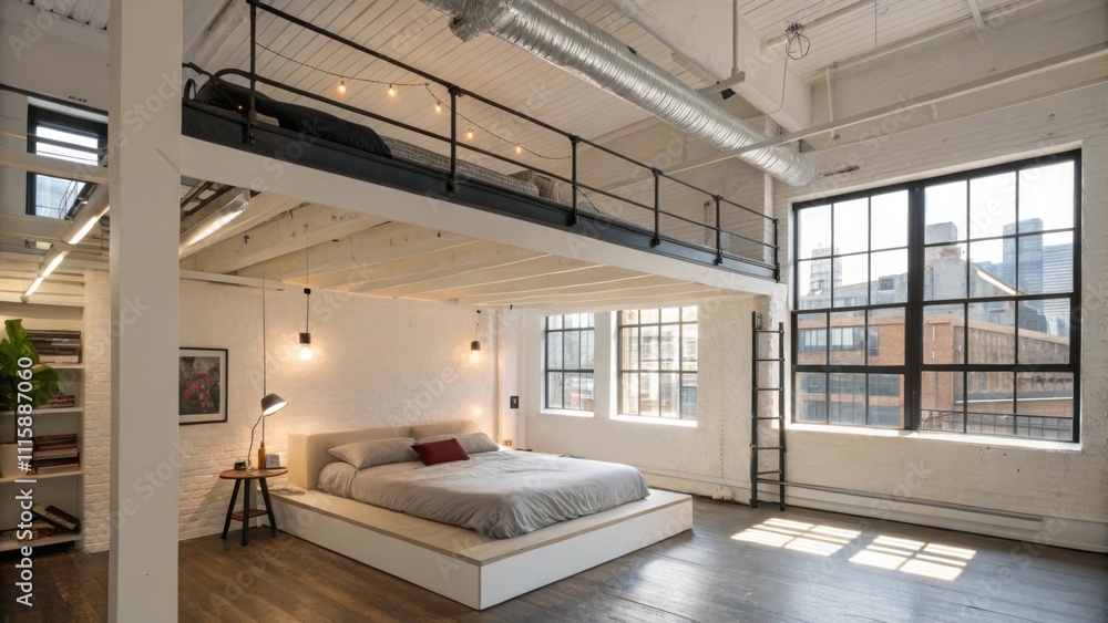 Poster a bright and airy lofted sleeping area open to the rest of the apartment featuring a floating bed an