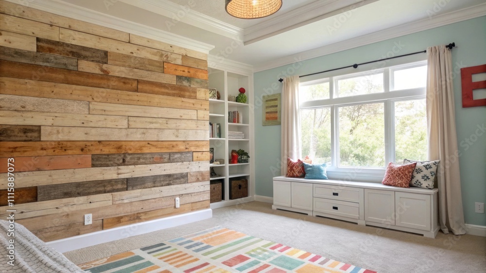 Poster a bright and airy space with a dynamic accent wall featuring layered wood panels some unfinished con