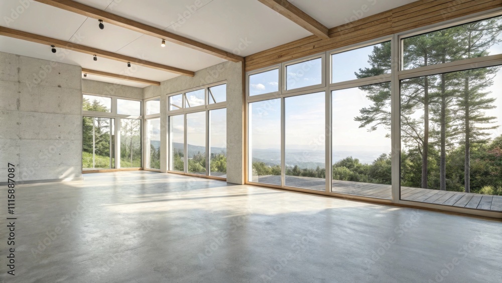Poster A bright and airy room featuring beautifully finished concrete floors complemented by large windows that enhance the minimalistic vibe of the space.