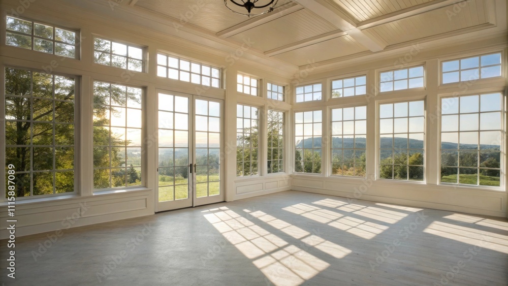 Poster A bright and airy room standing empty with sunbeams wreathing around the corners and outlining the large windows that open to the outside.