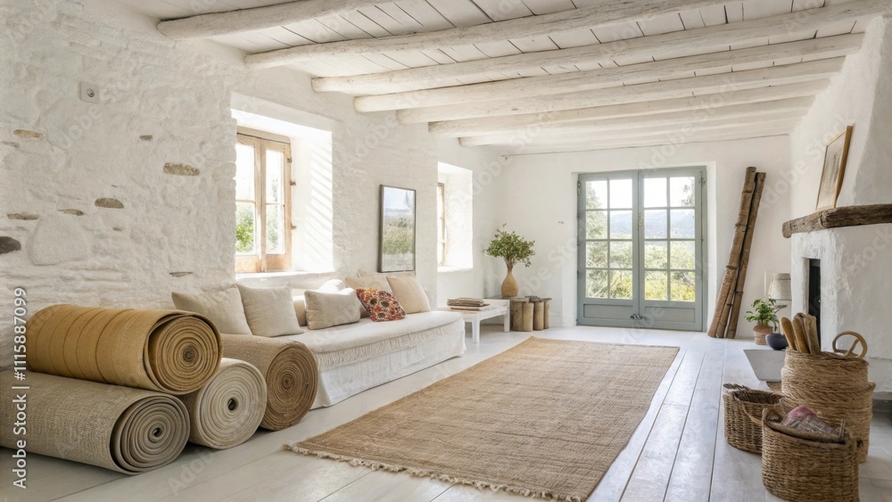 Poster A bright and airy living room with whitewashed walls adorned only by rolledup rugs resting against the wall waiting to be unfurled and transformed into a cozy gathering space.