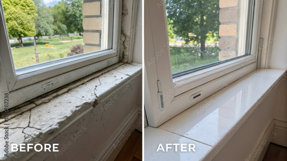 Poster A beforeandafter comparison of a window sill where fresh caulking now adorns the once cracked and weathered frame with bright natural light flooding the space.