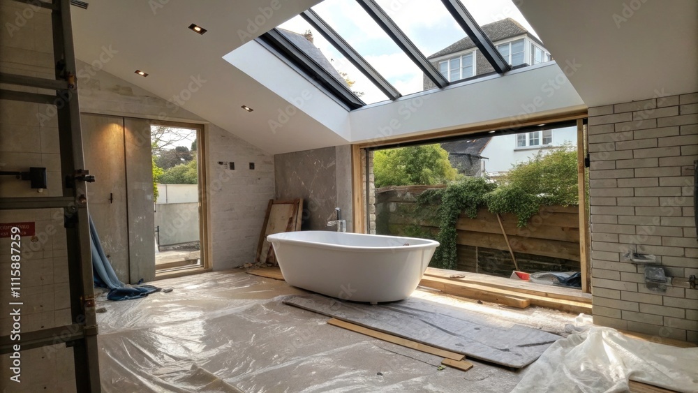 Poster a bathroom renovation featuring an incomplete skylight above a soaking tub with plastic sheets rolle