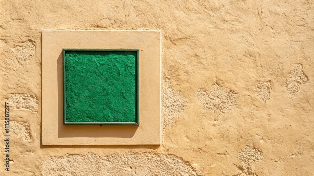 Poster A beige wall displaying a vibrant sample patch of emerald green highlighting the texture of the walls surface around the color test.