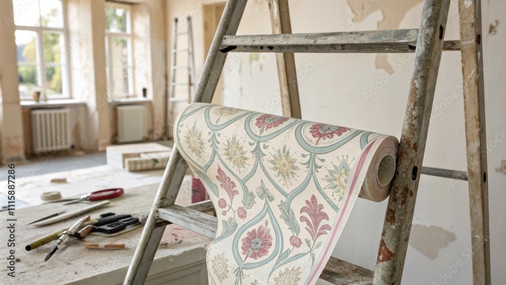 Leinwandbilder A beautifully patterned wallpaper roll draped over the edge of a ladder with a pair of scissors lying nearby hinting at the ongoing renovation project.