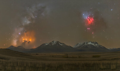 Fototapeta premium Majestic mountain range silhouetted against a breathtaking night sky, showcasing the Milky Way and nebulae. A stunning display of celestial wonders over a serene landscape.