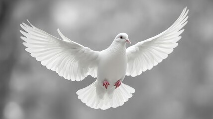 Obraz premium White dove gracefully flying with wings spread, bright background, symbol of peace, freedom, spirituality, minimal concept, elegant bird in motion, peaceful flight imagery