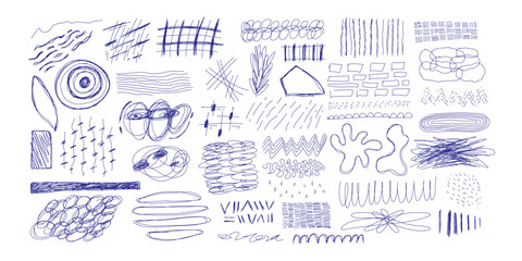 Blue ballpen scribble art collection. Simple scratch squiggle lines set. Hand drawn marks, underline strokes, doodles and arrows. Grunge marker stroke