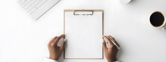 A Black woman's hands resting on a table, holding an empty white sheet of paper