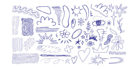 Blue ballpen scribble art collection. Simple scratch squiggle lines set. Hand drawn marks, underline strokes, doodles and arrows. Grunge marker stroke