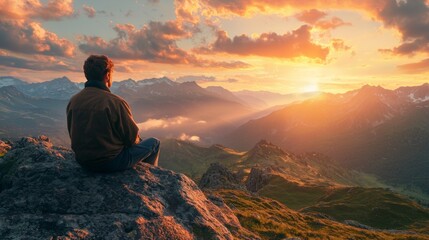 Man sitting on a rock overlooking scenic mountain sunrise