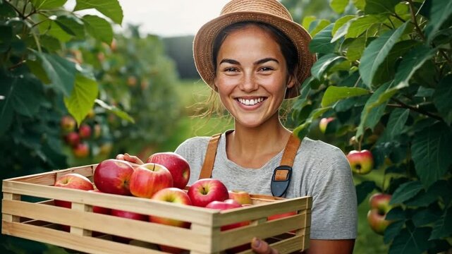 A smiling woman holds a wooden crate filled with fresh apples in an orchard.