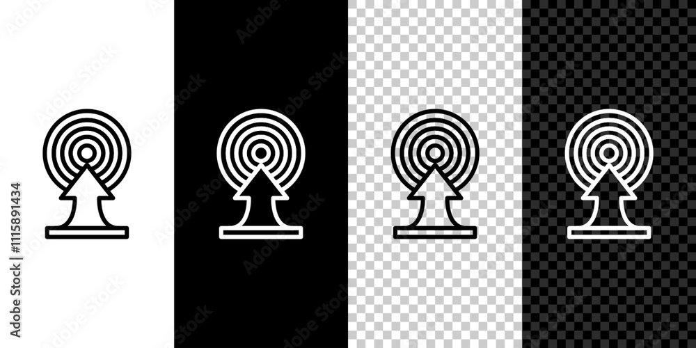 Poster set line target with arrow icon isolated on black and white, transparent background. dart board sign