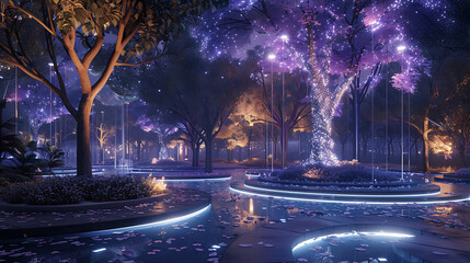 Futuristic Urban Park Scene with Holographic Trees and Vibrant Lighting, Combining Nature with Advanced Technology in a Serene Environment