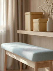A minimalist bench and storage boxes in a sunlit room.