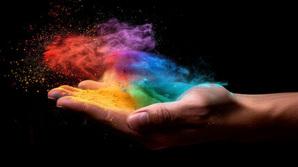 Holi festival concept. Magical rainbow colored powder exploding from the palm of a cupped hand creating a vibrant cloud of dust in the colors of the spectrum over a black background.