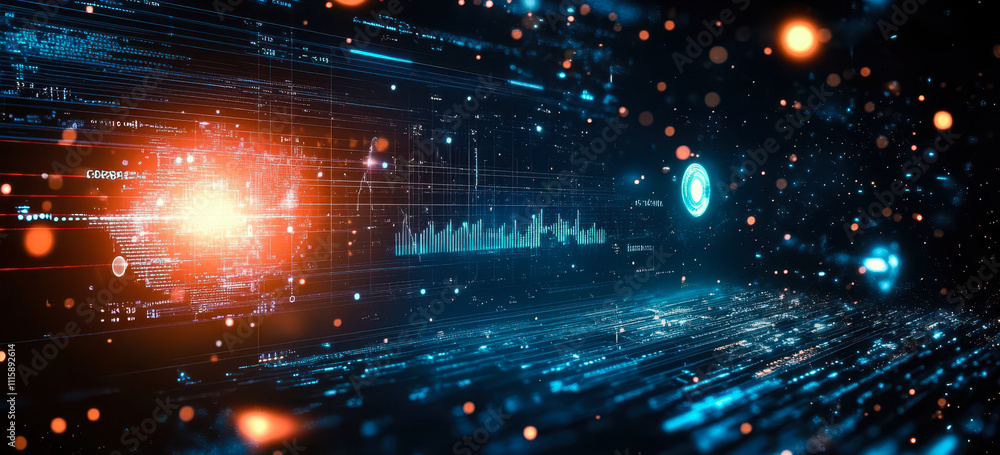 Poster futuristic scientific data visualization with dynamic graphs and digital interfaces