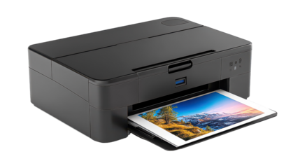 A modern printer showcasing a vibrant landscape print in a home office setting during daylight