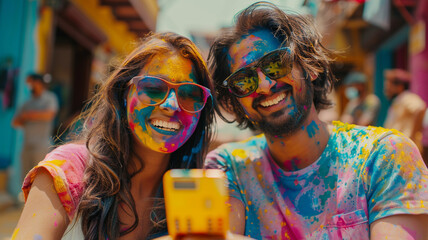 Indian friends covered with colors and shopping online at-home - Internet use, online payment. Beautiful sisters and handsome young male filling debit card details to purchase groceries on Holi
