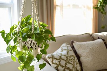 A trailing pothos plant cascades from a hanging macrame holder, adding life to cozy living room