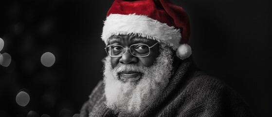 Joyful Black Santa Radiating Holiday Spirit - 21:9 Aspect Ratio Black and White Monochrome Photo Banner