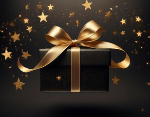 minimalistic black present with gold ribbon floating in mid air with golden stars surrounding it dark background with empty space at the top