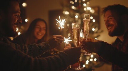 Friends celebrating Christmas or New Year's eve with Bengal lights and champagne.