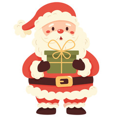 A cute and jolly Santa Claus holding a wrapped gift. Vector illustration.