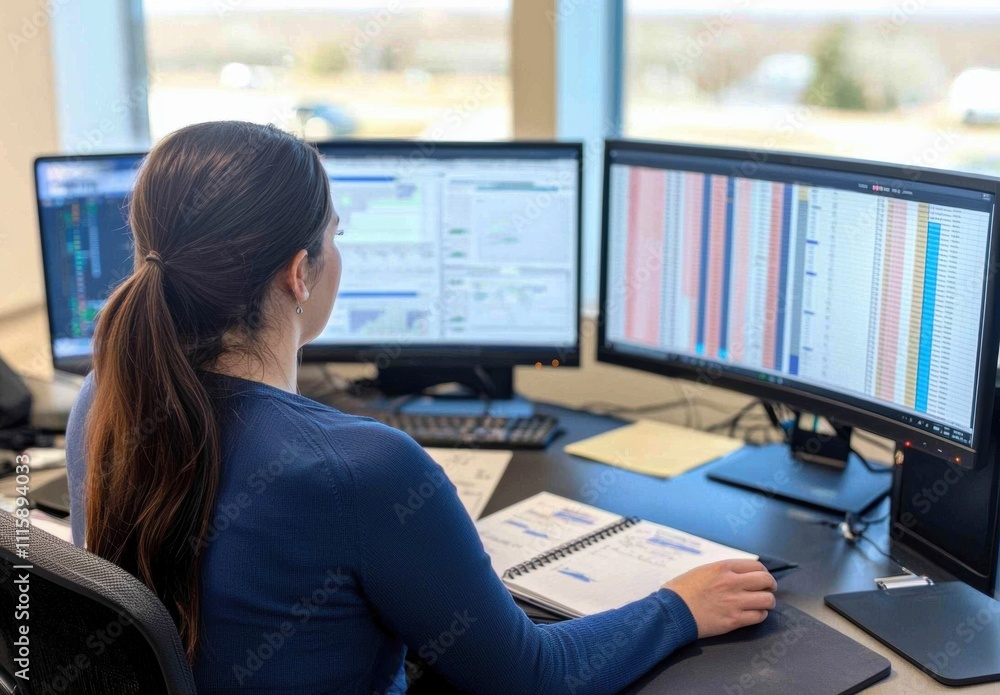 Poster focused woman analyzing data on multiple computer screens in office