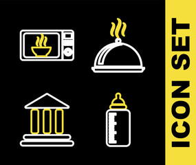 Obraz premium Set line Covered with tray of food, Baby bottle, Bank building and Microwave oven icon. Vector