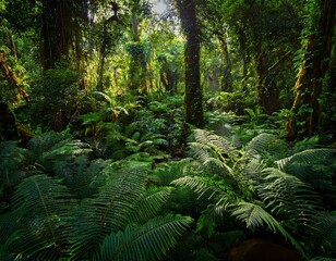 Obraz premium thick layer of ferns covering the jungle floor surrounded by lush green vegetation dark shadows and rich textures