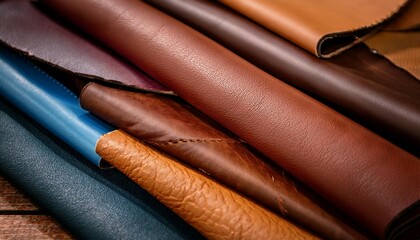 close up of assorted leather materials showcasing texture and color in a craft workspace